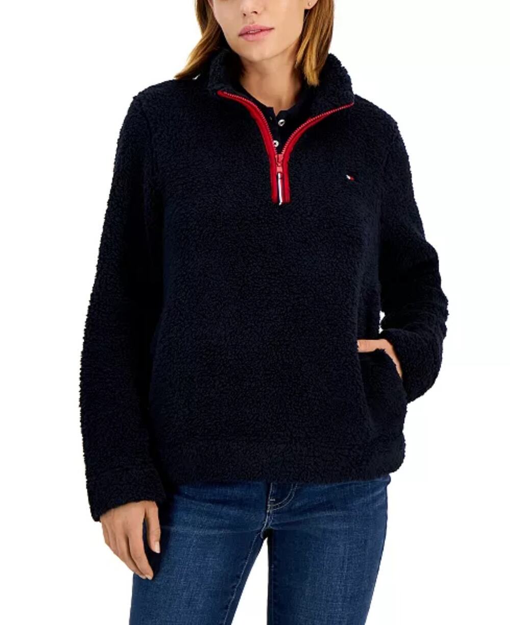 Tommy Hilfiger 1/4 Zip Dark Blue Sherpa Sweater Size Small